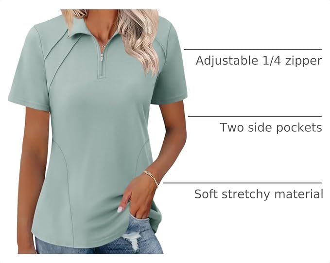 LOMON Womens Golf Polo Shirt Summer Short Sleeve Quarter Zip Outfit | Side-Pockets,Princess Seams,Cotton,Wrinkle Free,Moisture Wicking,Quick-Dry,Lightweight,Collared,for Tennis Workout