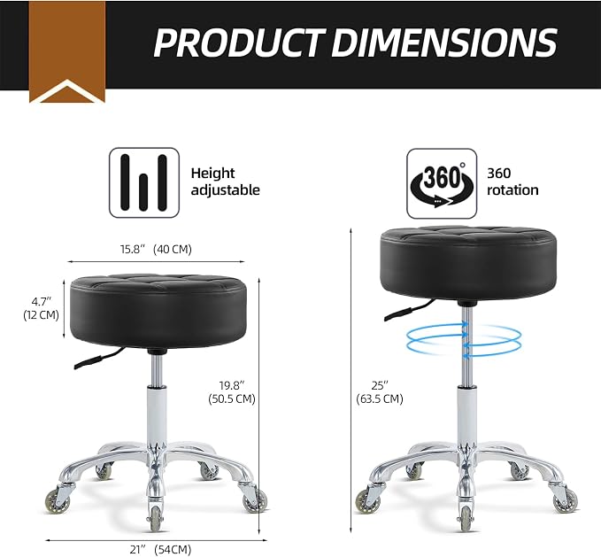 Ainilaily Rolling Stool with Wheels Adjustable Height, Roller Stool for Massage Medical Tattoo Spa Heavy Duty Swivel Desk (Super Thick Cushion, Black)