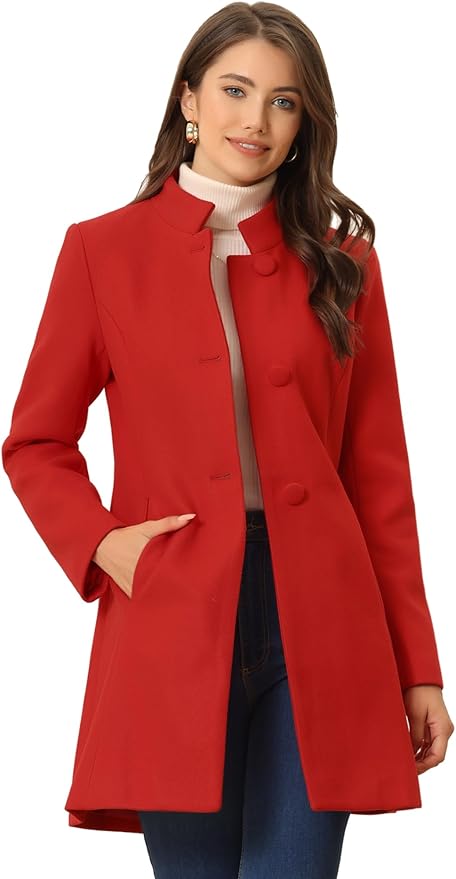 Allegra K Women's Winter Overcoat Mid-Long Stand Collar Single Breasted Coat Outerwear