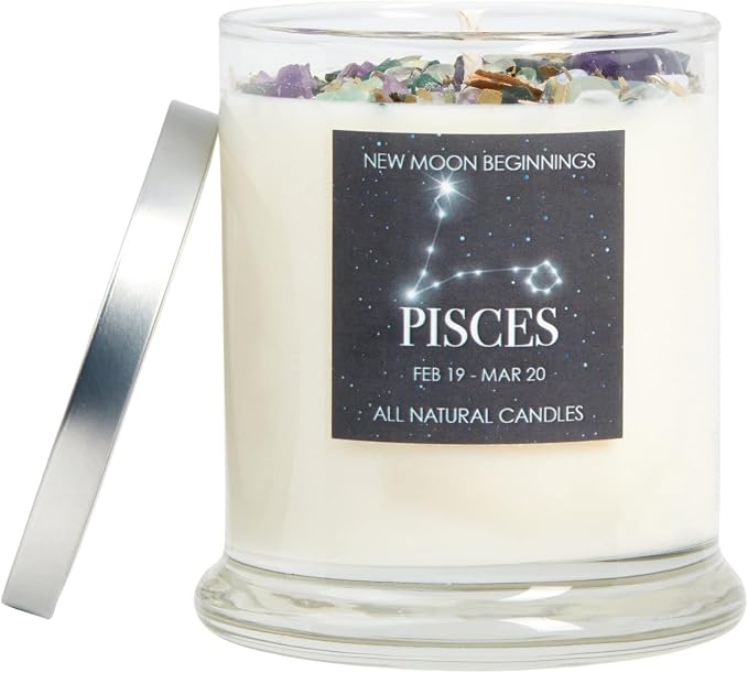 Pisces Zodiac Candle (Feb. 19 - Mar. 20) -Soy Candle - All Natural Aromatherapy Candle - Pisces Horoscope Candle - Crystal Candles - 12 oz Glass Jar