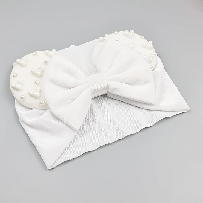 JIAHANG White Velvet Mouse Ears Turban Headwrap with Beads, Wide Hair Bow Headband for Baby Girls, Infants, Toddler, Kids, Party Supplie