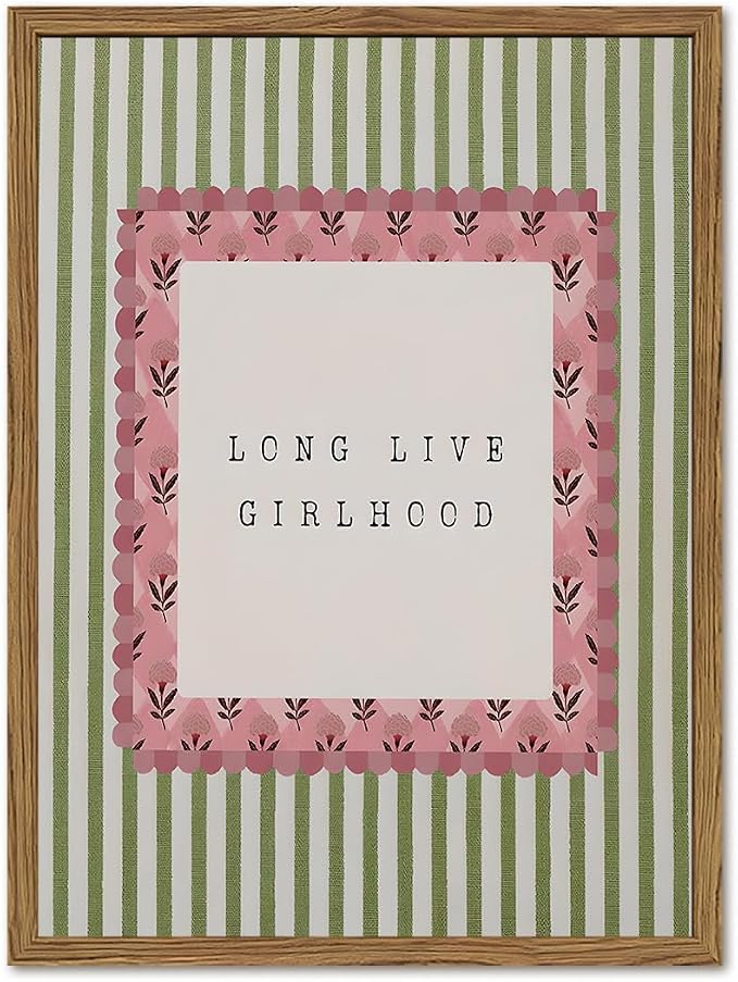 Long Live Girlhood Wall Art Vintage Girl Nursery Wall Decor Picture, Pink and Green Striped Baby Girls Poster Canvas Print Painting Artwork for Living Room Bedroom 16x24 inch Wood Framed