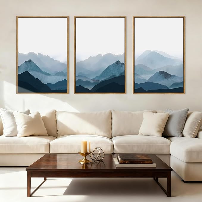 BINCUE Large Blue Mountain Wall Art Fog Blue Ridge Mountains Artwork for Living Room Bedroom Office 24x36 Inch Set of 3