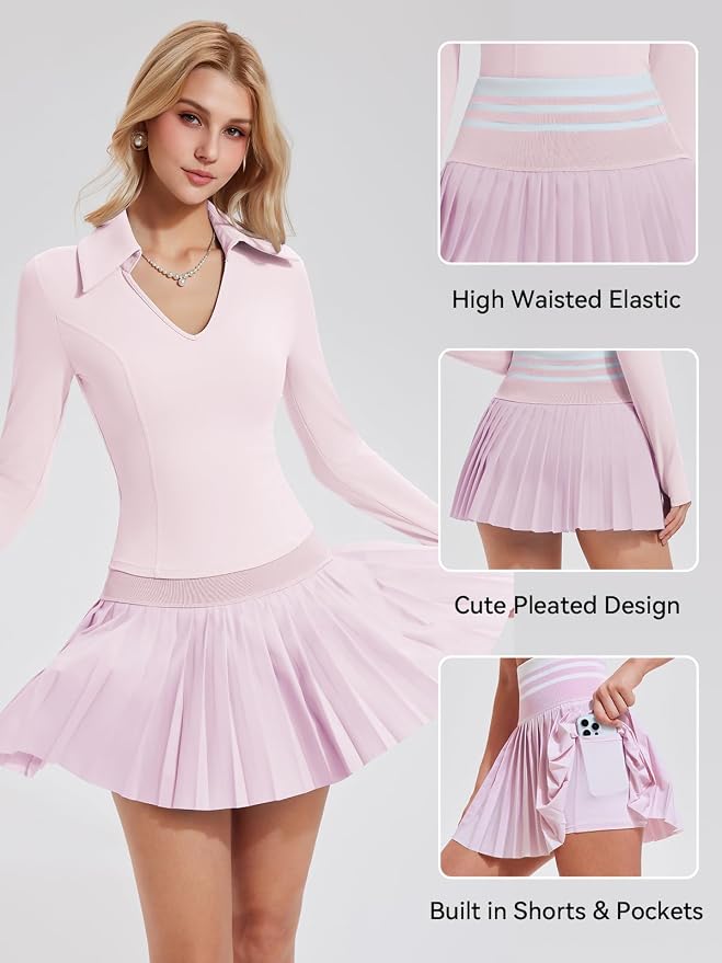 Women 2 Piece Tennis Skirt Set Polo Golf Outfits Racerback Tank Top Pleated Skort with Pockets Summer Workout Athletic Dress