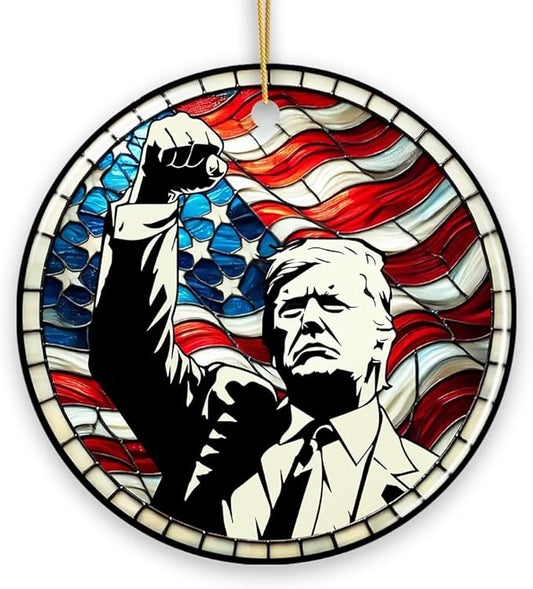 Trump with Raised Fist Stained Glass Christmas Ornament, American Pride Keepsake