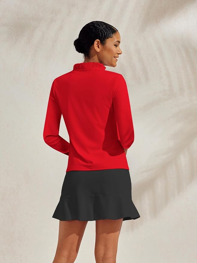 ACEGOLFS Womens Golf Polo Shirts Casual Ruffle V Neck Long Sleeve Tops for Women UPF 50+ Rash Guard Ladies Pullover Shirt