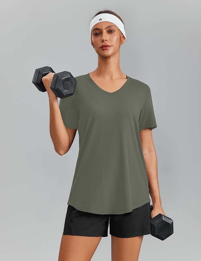 PINSPARK Soft Workout Tops for Women Short Sleeve V Neck Moisture Wicking UPF 50+ Sun Protection Quick Dry Gym Shirts