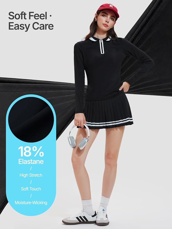 Women's 2-Piece Tennis Skirt Set, Polo V-Neck Top & High-Waisted Pleated Skirt, Athletic Outfit for Golf Pickleball