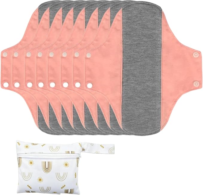 Washable Menstrual Pads,Graphene Cotton Cloth Reusable Incontinence Pads,Sanitary Napkins,with 1 Storage Bag,Panty Liners Pads,Period for Woman Postpartum/Incontinence(Coral Pink/M/8pcs)