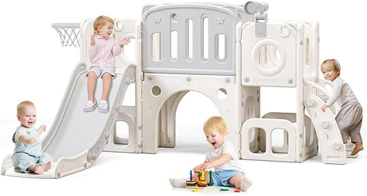8 in 1 Toddler Slide,Kids Climber Slide with Storage Space and Non-Slip Steps,Indoor Outdoor Playset with Basketball Hoopa and Telescope,Slide for Toddlers Age 1-8 (White+Grey)