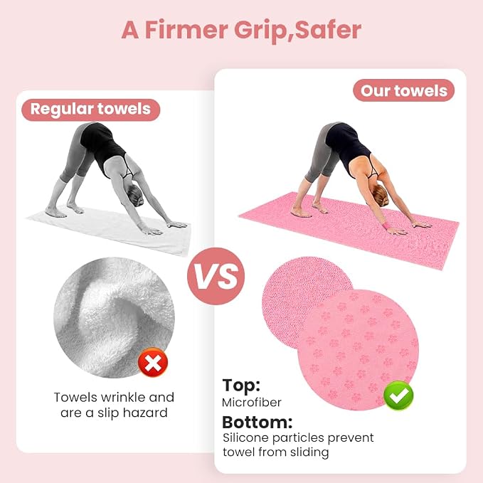 flintronic Yoga Towel, Yoga Mat Towel with Grip Dots, Microfiber Yoga Blanket Towels, Soft & Breathable, with Quick Dry Towels and Mesh Carry Bag, for Bikram, Pilates and Workout, 24" x72", Pink