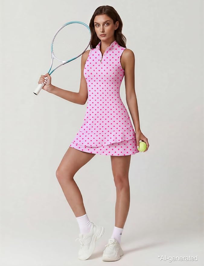 Viracy Tennis Dress for Women Sleeveless Golf Dresses with Shorts and Pockets Ruffle Zip Up Stand Collar Golf Outfits