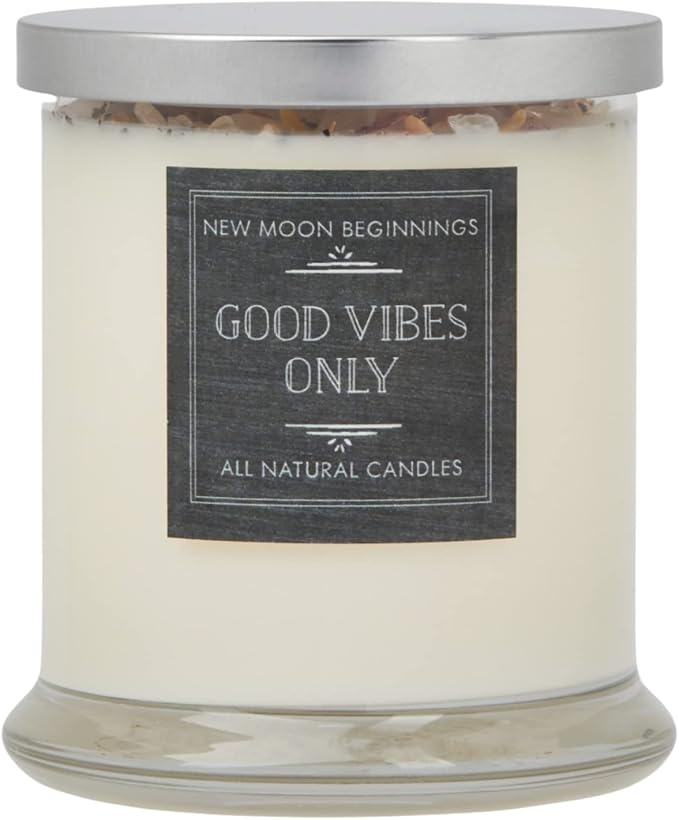 Good Vibes Only Candle by New Moon Beginnings - Negative Energy Cleansing - Soy Aromatherapy Candle - Handmade with Crystals & Herbs (12oz Round Glass Jar)