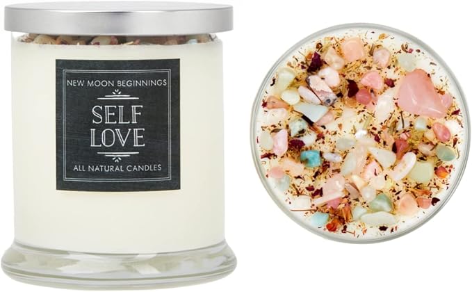 Self Love Candle by New Moon Beginnings - Negative Energy Cleansing - Handmade Aromatherapy Soy Candle - Dried Flower, Herb, & Crystal Candle - 12oz Glass Jar
