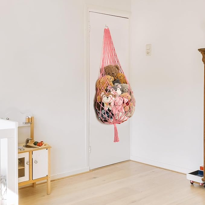 Stuffed Animal Net or Hammock Corner Hanging Net for Stuffy Animal Storage Macrame Toy Display Plush Toy Holder Wall Pet Net for Nursery Kid Bedroom Decor Playroom Organizer (Pink XL)