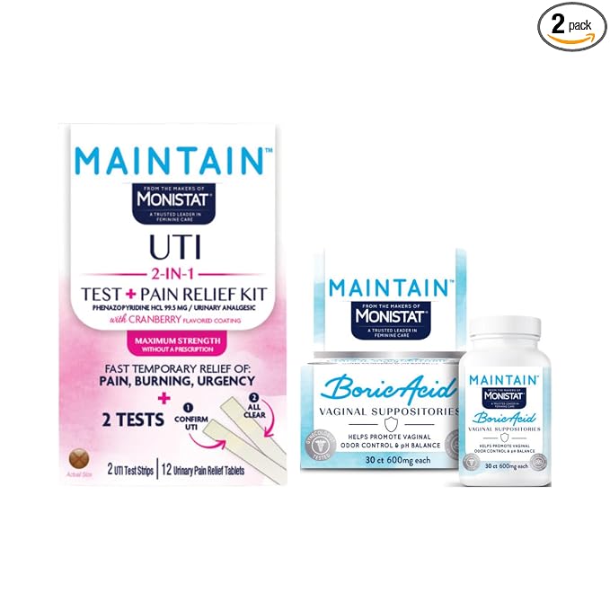 Monistat Feminine Care Variety Pack, UTI Test and Pain Relief Kit, Boric Acid Suppositories and Moisturizer, Feminine Health Support, 2 Test Strips, 12 Tablets and 30 Count (Variety Pack)
