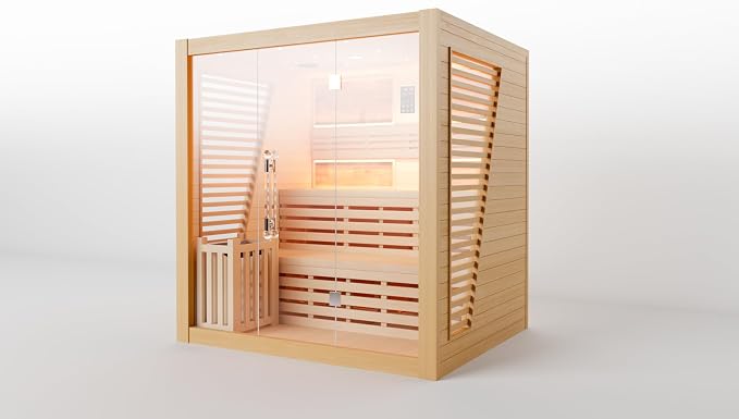 Smartmak Wood Home Steam Sauna, WiFi Control 6 Person Canadian Hemlock Traditional Luxurious Wooden Indoor Spa Room, with 6 kw Heater, Speaker, Rocks, Water Bucket, Spoon, Sky Lights