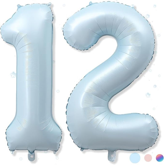 Foil 12 Balloon, Light Matte Sky Blue Big Number 12 Balloons for Boys Birthday Party Decor, 40 Inch Mylar Helium Number 12 Pastel Baby Blue Balloon for 12th Birthday Party Anniversary Decorations