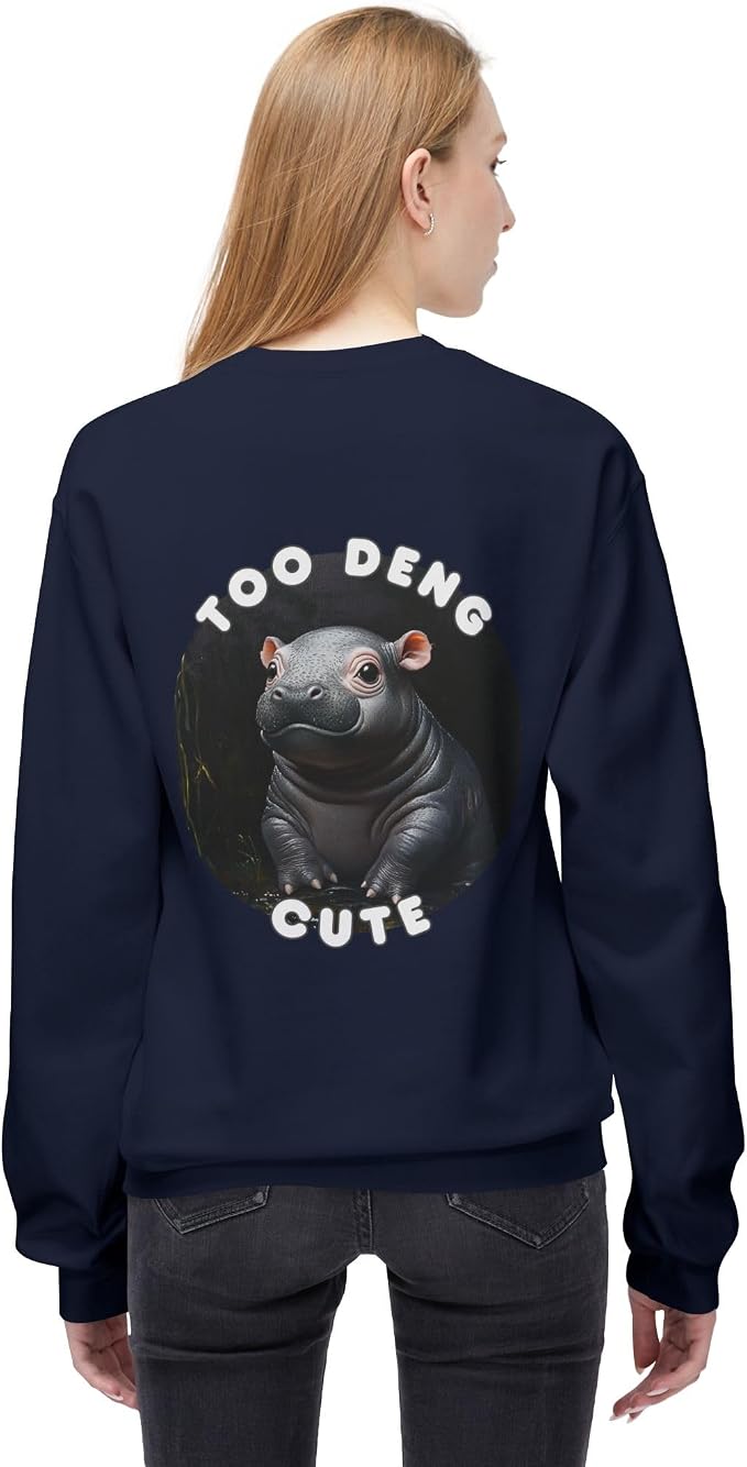 Unisex Fleece Crewneck Sweatshirt - Too Deng Cute Moo Deng Hippo, Cozy Cotton Blend, Classic Relaxed Fit