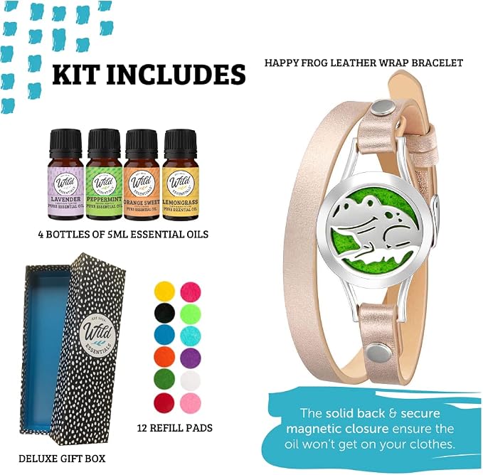 Wild Essentials Happy Frog Essential Oil Leather Wrap Bracelet Diffuser Kit, Gift Set, Lavender, Lemongrass, Peppermint, Orange Oils, 12 Pads, Customizable Color Changing Perfume Jewelry, Aromatherapy