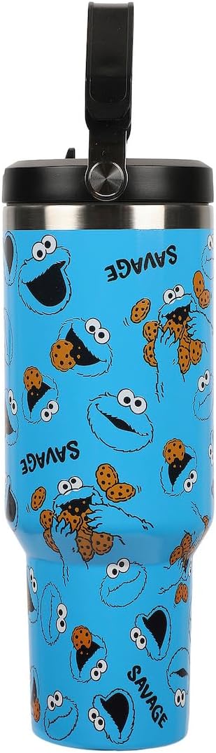 Bioworld Sesame Street Cookie Monster AOP 40 Oz. Vacuum Sealed Stainless Steel Tumbler With Carry Handle