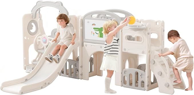 Outdoor Toddler Playset Swing Set with Slide, Indoor Playground for Toddlers 1-3, Kids Slide for Toddlers, Climber Play Set with Basketball Hoop and Ball,Tunnel Playhouse and Storage Space