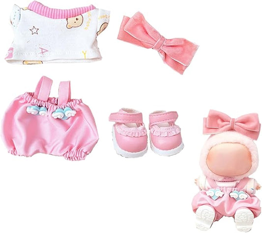 Clothes for Labubu, 4-Piece Includes a top, Pants, Bow Hair and Shoes Accessories Outfit Set for Labubu Doll - 17cm Dolls Clothes Cute & Pink Suit(NO Doll)
