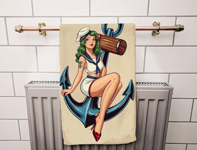 Vintage Pinup Sailor Girl Hand Towel Blue Anchor Face Towels Suit Travel Sports Pool Swimming Bath Camping Spa Gym Yoga,15x30 Inch