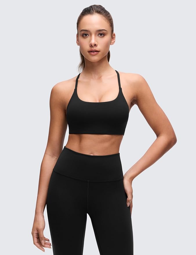 CRZ YOGA Butterluxe Twist Cross Back Sports Bras for Women - U Neck Padded Adjustable Spaghetti Straps Yoga Top