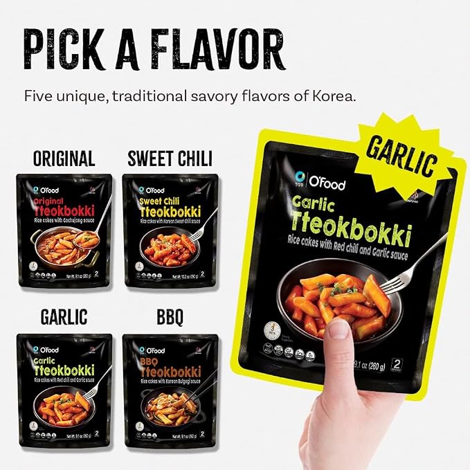 O’Food Tteokbokki Korean Rice Cakes – [Garlic | Pack of 1] – Gluten-Free (Except BBQ), Healthy/Savory/Bold/Fiery, 0 Cholesterol/ 0 Trans Fat/No MSG/No Corn Syrup, Spicy Street Snack, Ready in Minutes