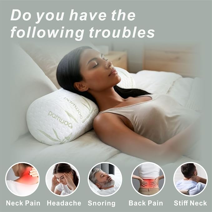 Cervical Neck Roll Pillow – Memory Foam Bolster Pillow for Neck & Back Support, Ergonomic Cylinder Pillow with Washable Bamboo Cover for Side Sleepers, Lumbar, Knee & Leg Support