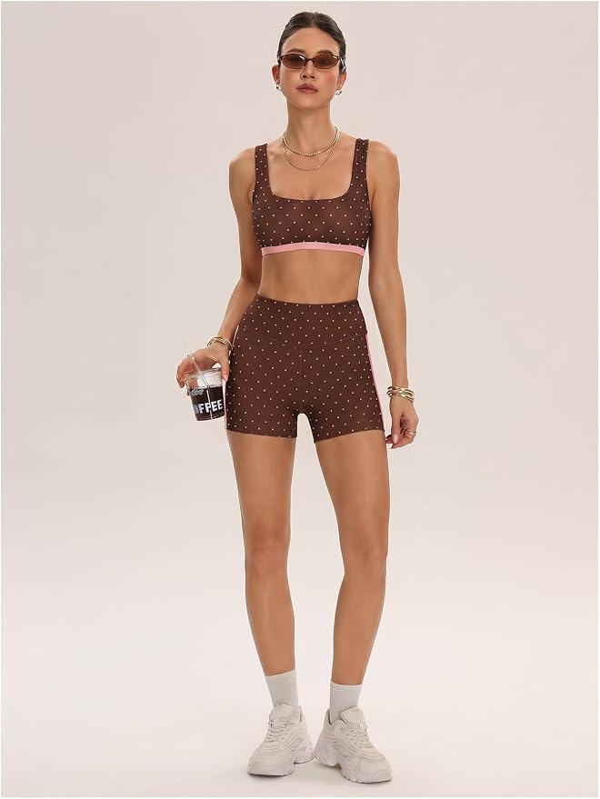 Milumia Women's Polka Dots Workout Set 2 Piece Color Block Bra Tank High Waisted Biker Shorts Layered Matching Yoga Outfit