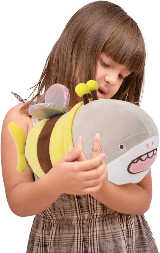 ARELUX 14in Yellow Bee Plush Pillow, Anime Bee Shark Plushie Doll, Soft Stuffed Toy, Kids Plush Pillow