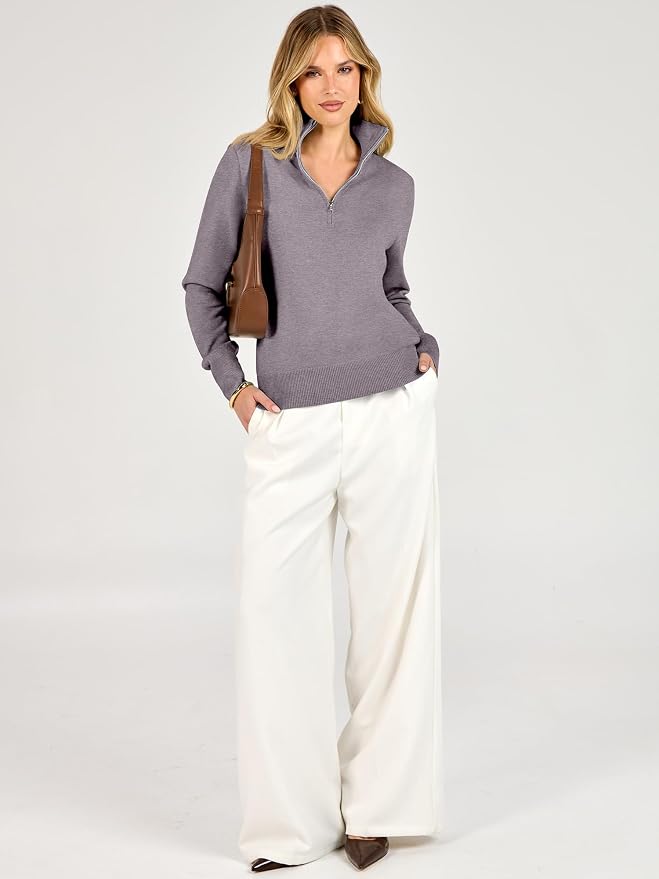 ANRABESS Women Quarter Zip Long Sleeve Fall Pullover Sweater | Soft Knit Fabric Medium Stretch, Business Casual Work Office, Travel Vacation, 2026 Trendy Fashion, Winter Cozy Outfits