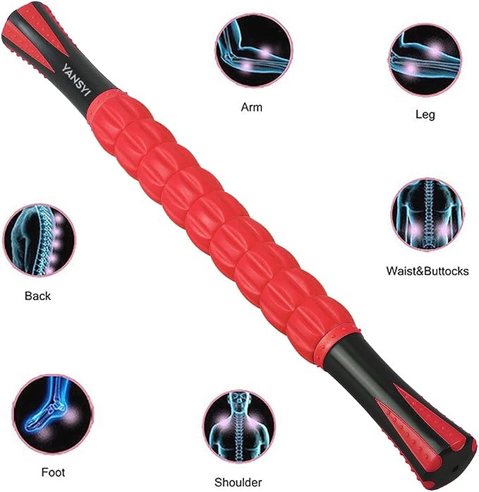 YANSYI Professional 9-Roller Deep Tissue Massage Stick - Portable Muscle Recovery Roller for Athletes, Relieves Post-Workout Soreness & Leg/Back Pain - Portable Physio Tool (Red)