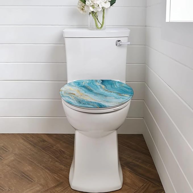 Blue Marble Toilet Seat Cover Elongated Replacement for Bathroom Decor Machine Washable White Marble Universal for Most Toilet Bowl Lids Elastic Bottom Soft