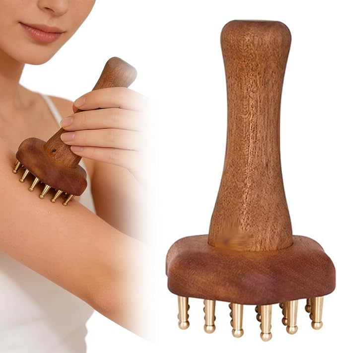 24teeth Copper Head Massage Comb for Body and Scalp Meridian Point Massager Brush for Body and Scalp Relief Body Massage Brush for Cellulite Remover Chinese SPA Gua Sha Tool Wooden Handle
