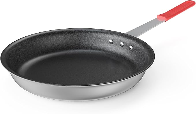 DUMOS 14 Inch Nonstick Frying Pan, Heavy-Gauge Aluminum Skillet with Ceramic Nonstick Coating, Stainless Steel Base & Handle, Omelet Pan for Induction, Electric, Gas, PFAS Free, Oven Safe, Red Handle