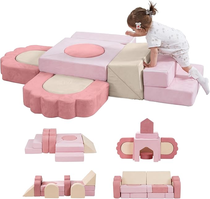 13 Pieces Foam Climbing Blocks for Toddlers|Floral Soft Play Gym,Kids Indoor Crawing Climbers & Play Structures for Bedroom,Livingroom & Playroom,Pink & Beige