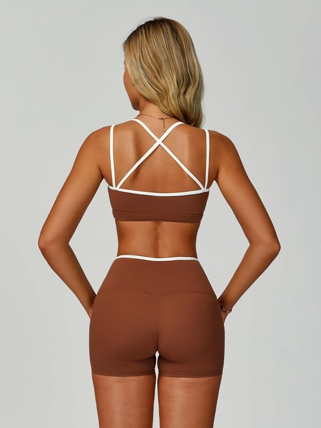 ABOCIW Workout Sets for Women 2 Piece Color Block Strappy Sports Bra High Waist Shorts Gym Yoga Pilates Outfits
