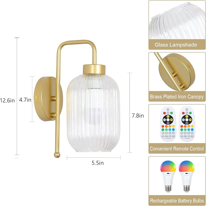 LAMSU Vintage Battery Operated Wall Sconces Set of 2, Wireless Wall Lights with Remote and Color Temperature Bulb, Gold Cordless Rechargeable Wall Lamps with Clear Glass Shade for Bedroom Living Room