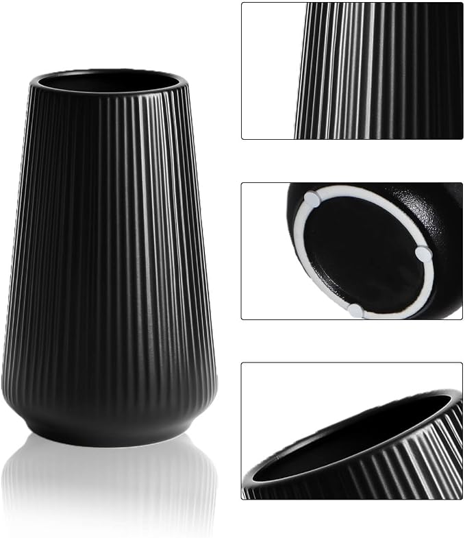 Black Ceramic Vase, 8 Inch Flower Vase for Pampas Grass, Modern Ribbed Decorative Vase with Narrow Opening for Living Room Table, Shelf Decor