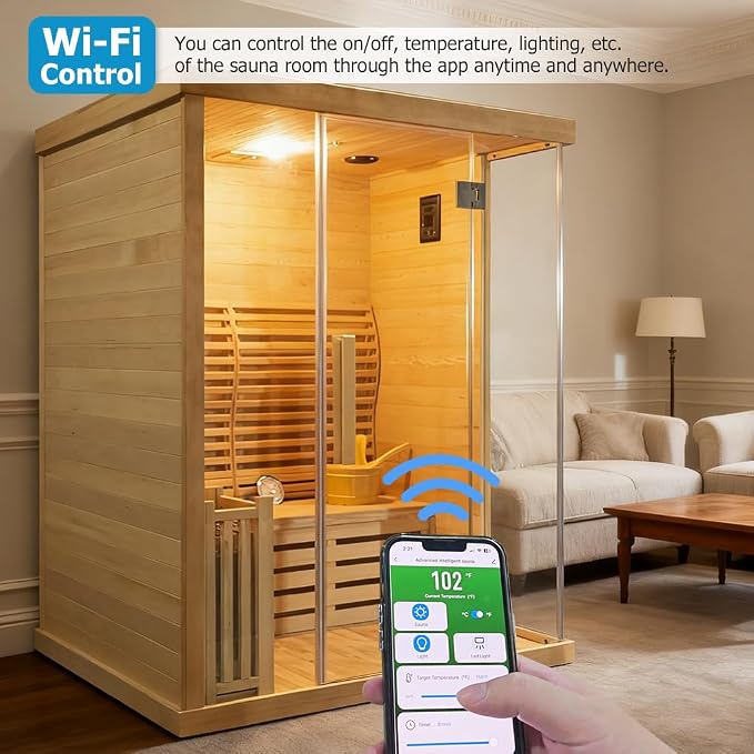 Smartmak Wood Home Traditional Steam Sauna, WiFi Control 4 Person Luxurious Indoor Canadian Hemlock Wooden Spa Room, with 6 kw Heater, Backrest, Bluetooth Speaker, Rocks, Water Bucket, Spoon, Lights