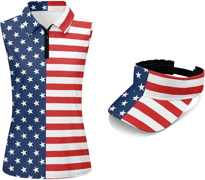 POLERO Golf Tank Top Women Golf Shirts and Visor Hat Collared Racerback Tennis Shirt Set Quarter Zip