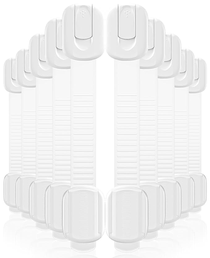 10 Pack Cabinet Locks Baby Proofing, Child Proof Cabinet Locks with 3M Adhesive - Easy Installation with Adjustable Straps, Multi-Purpose Child Safety Latches for Drawers Fridge Trash Cans Toilets