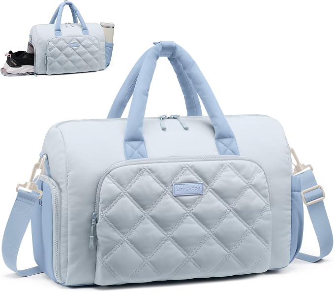 LOVEVOOK Gym Bag for Women with Shoe Compartment,Workout Bag with Large Tumbler Holder Pocket,Carry on Bag for Workout Dance Pilates Ballet Swimming Travel，Light Blue