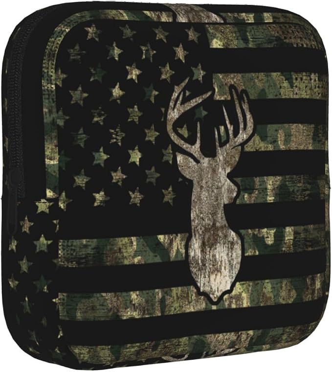Military Camo Camouflage American Flag Hunting Deer Tactical Period Bag For Women,Portable Sanitary Napkin Period Pad Pouch For Purse, Small Make Up Bags