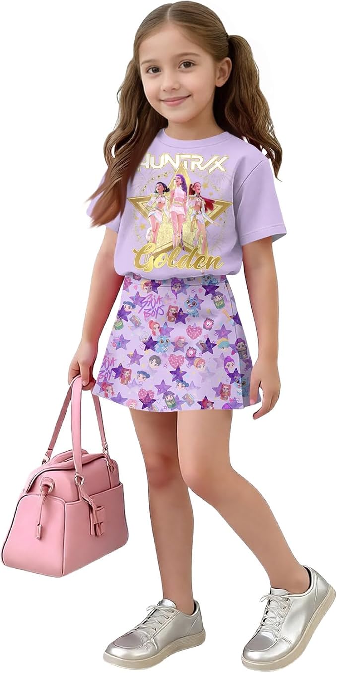 HTHLVMD K Pop Short Sleeve T-Shirt and Skirts Outfits Set for Girls Hunters Rumi Mira Zoey Graphic Tees De-Mon Costume