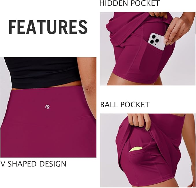PINSPARK 14" Womens Tennis Skirt High Waisted Golf Skort with 2 Pockets | Built-in Shorts, A Line, Tummy Control, Stretchy, Casual, Mini, Workout, Pickleball, Running, Skort for Woman