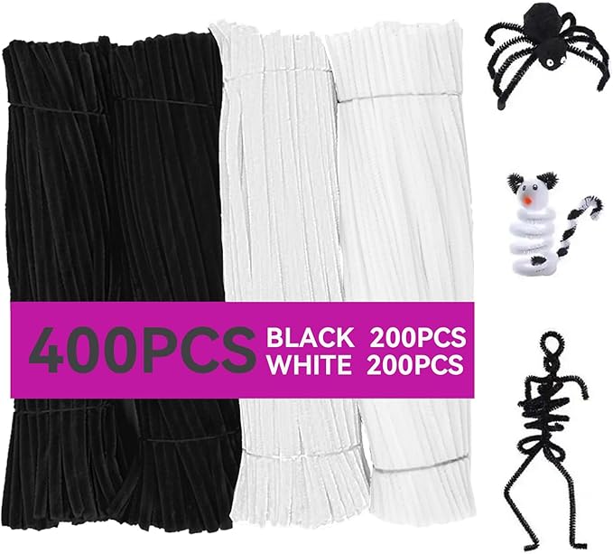 Pipe Cleaners, DIY Flower Bouquet Kit Chenille Stems, Flower Making Kit 400pcs（White and Black） Craft Material, Art and Craft Supplies